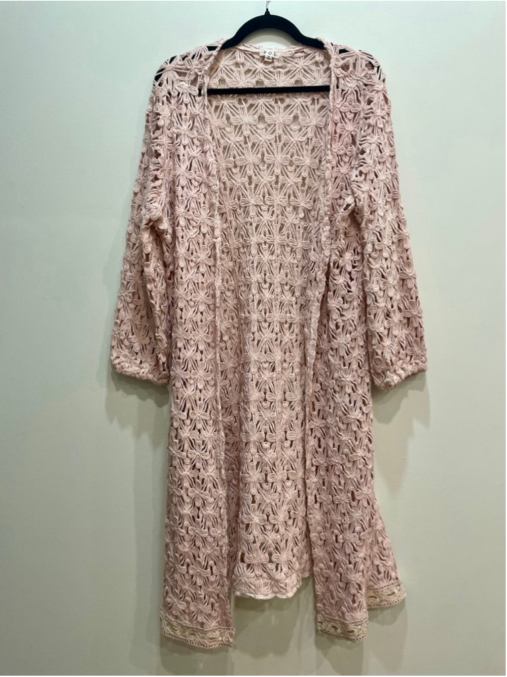 POL Pink Crochet Floral Lace Long Duster Cardigan S Festival Boho Hippie Girly